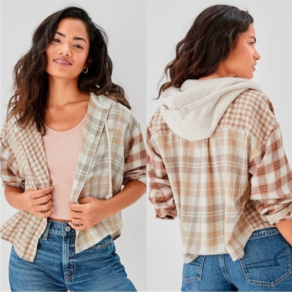 American Eagle Neutral Plaid Cropped Hoodie Shirt Size XXS